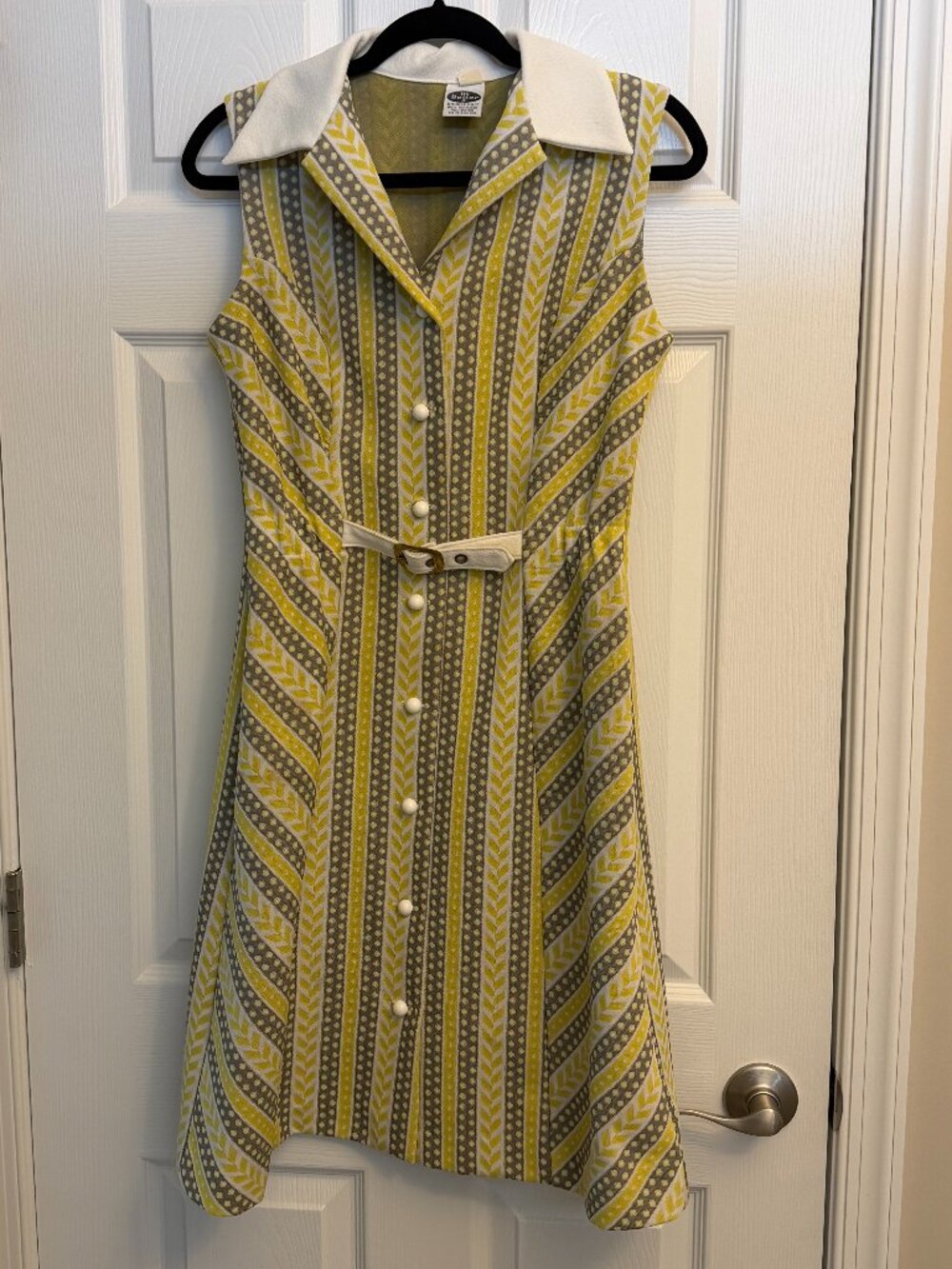 Vintage polyester yellow & gray sleeveless coatdress (sz 6*)